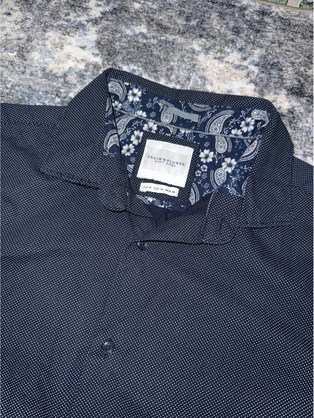 Denim & Flower Ricky Singh Mens M Medium Navy Micro Dot Floral Button Up Shirt